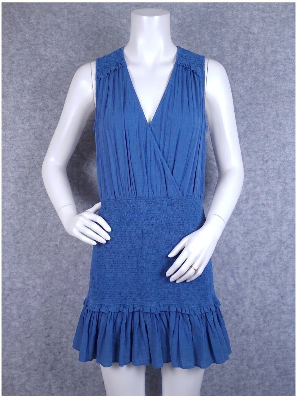 Veronica Beard Cox Smocked Cotton Mini Dress Womens Large Cobalt Blue Sleeveless